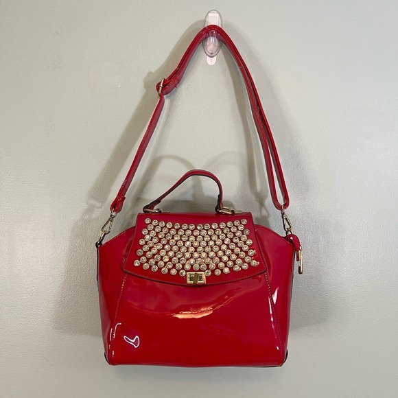 ORLI Collection Womens Crossbody Shoulder Bag Rhinestones Patent Leather Red - Picture 7 of 10